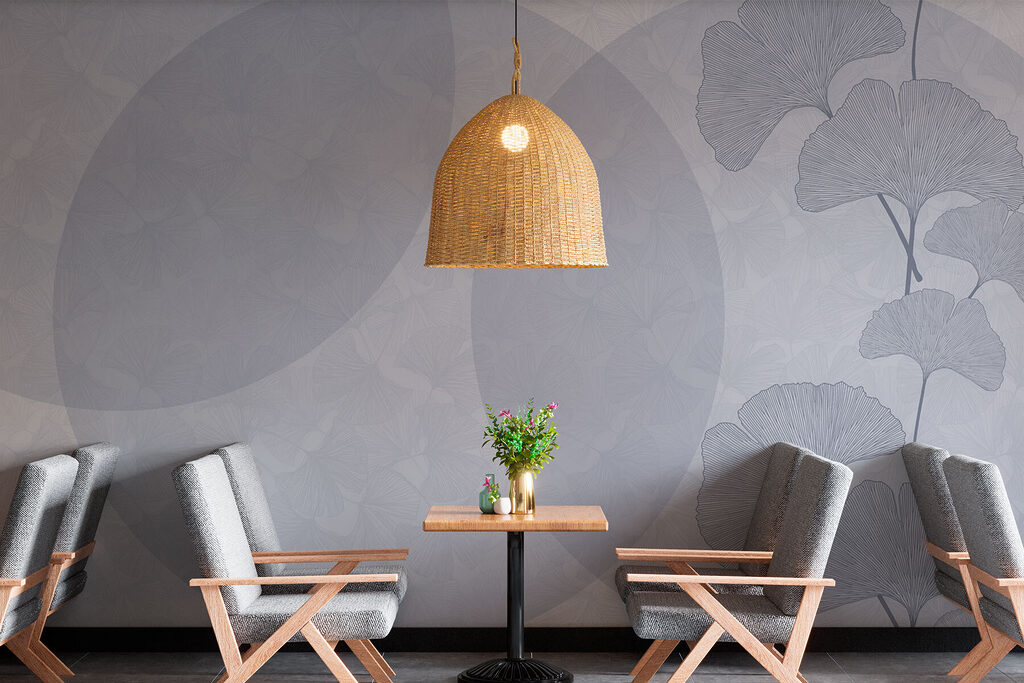 Zweig neben durchscheinenden Ovalen in einem Interieur