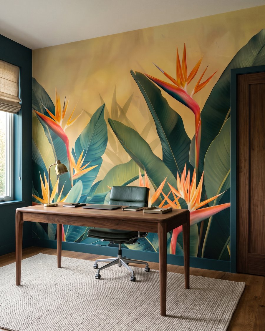 Paradiesvogelblumen zwischen dunklen Blättern in einem Interieur