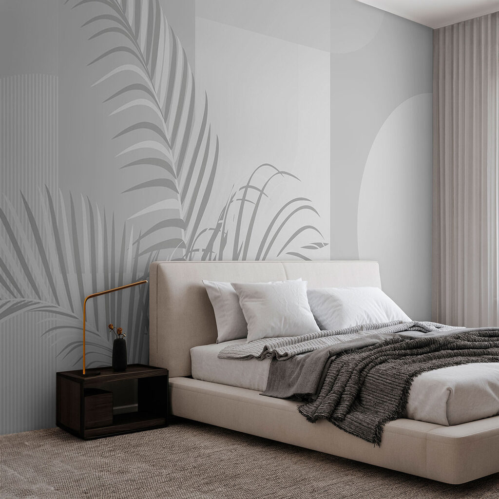 Palmwedel vor sanfter Geometrie in einem Interieur