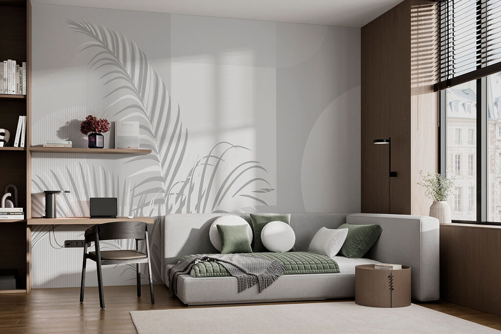 Palmwedel vor sanfter Geometrie in einem Interieur