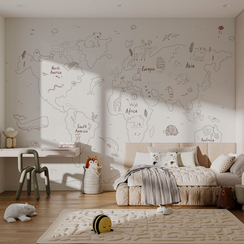 Verspielte Weltkarte in einem Interieur