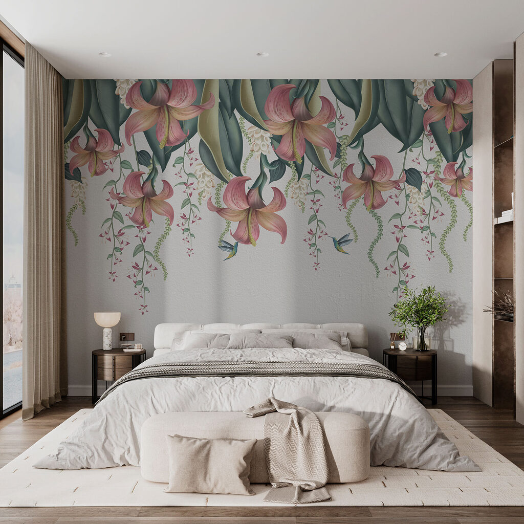 Hängende Blüten und Blätter in einem Interieur