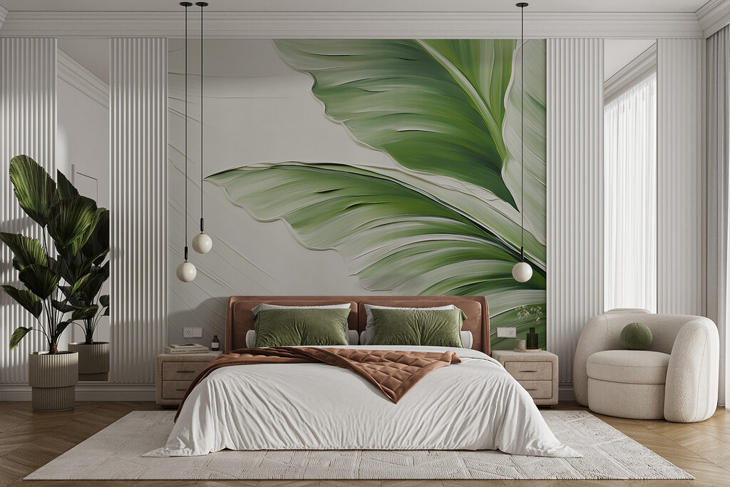Grünes Blatt mit Falten in einem Interieur