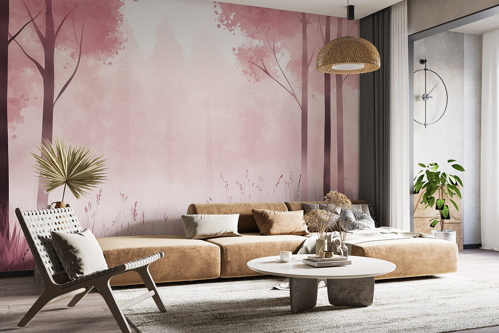 Waldrand mit hohen Stämmen in einem Interieur