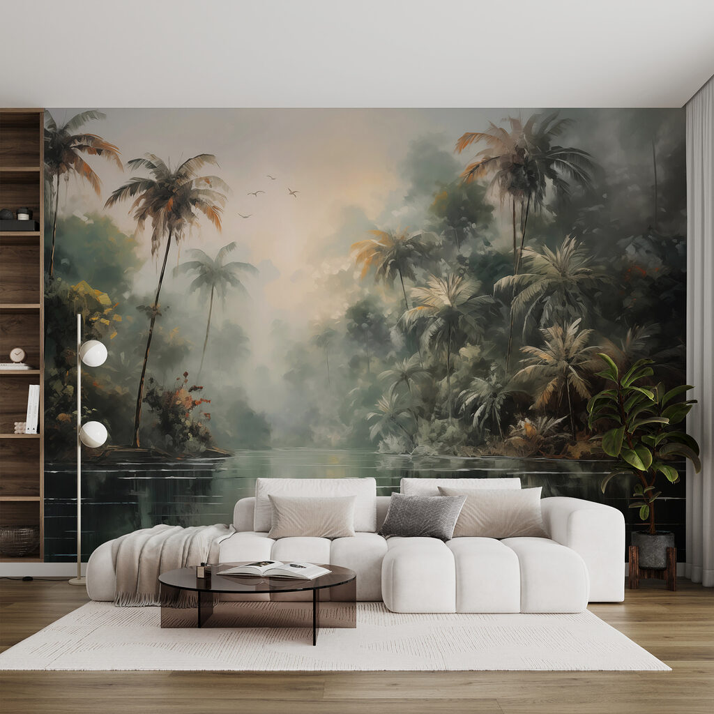 Palmen am spiegelnden Wasser in einem Interieur