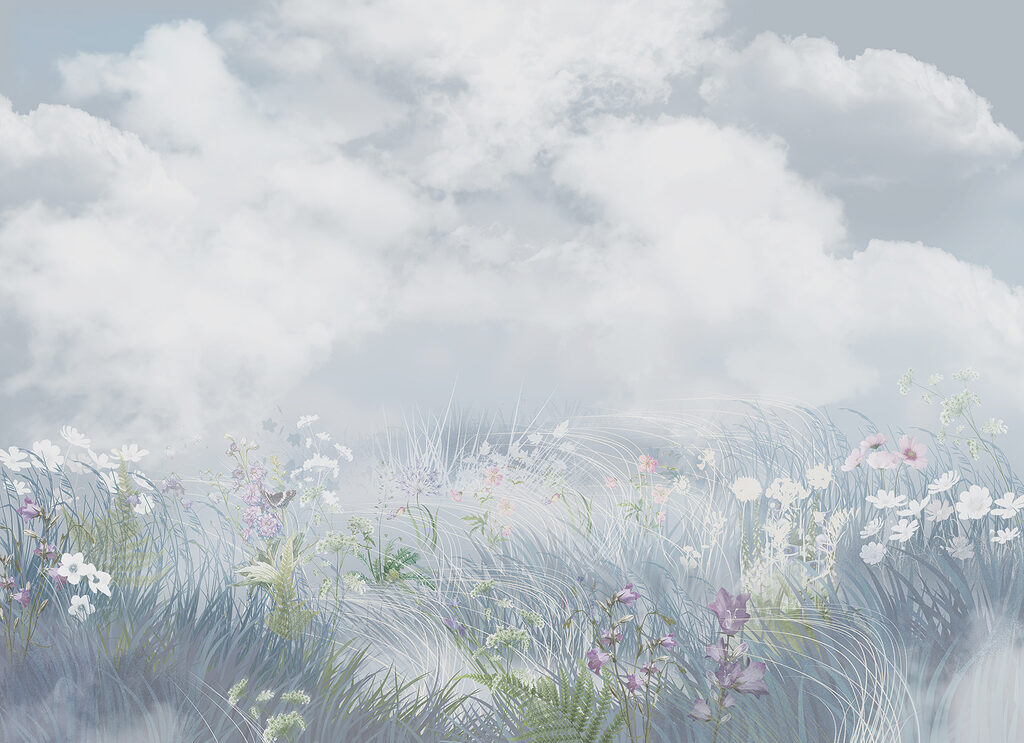 Blumenwiese unter Wolken — ganzes Design