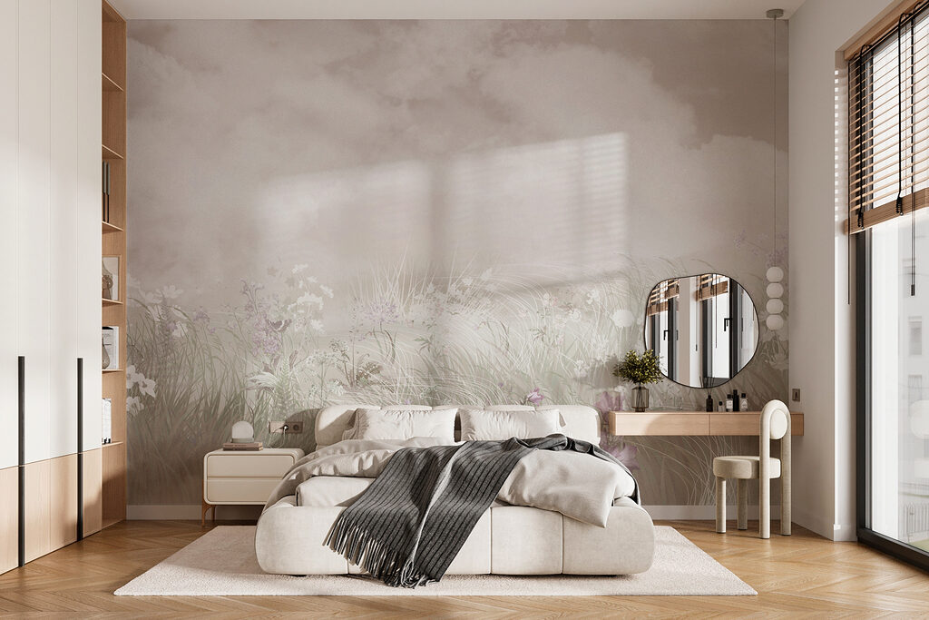 Blumenwiese unter Wolken in einem Interieur