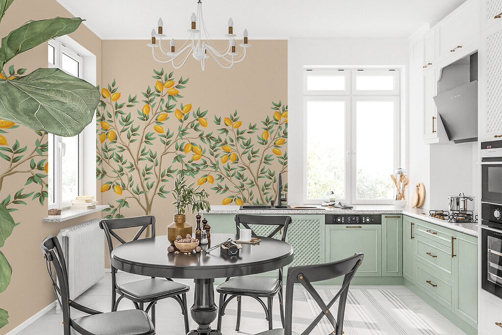 Zitronenbäumchen in Reihe in einem Interieur