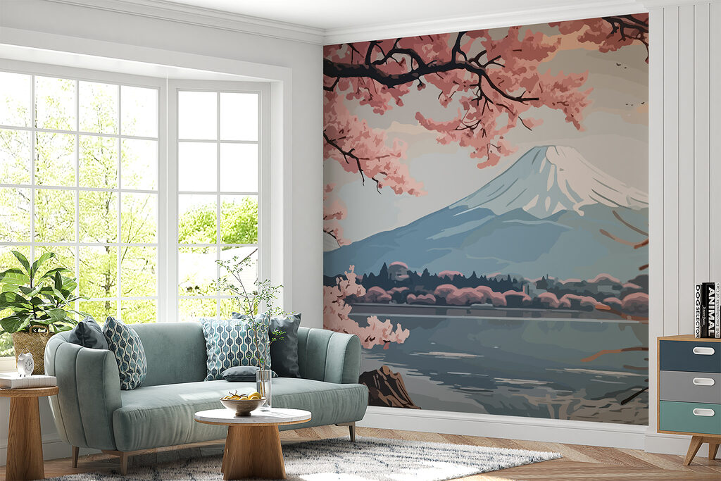 Blütenzweige über dem Bergsee in einem Interieur