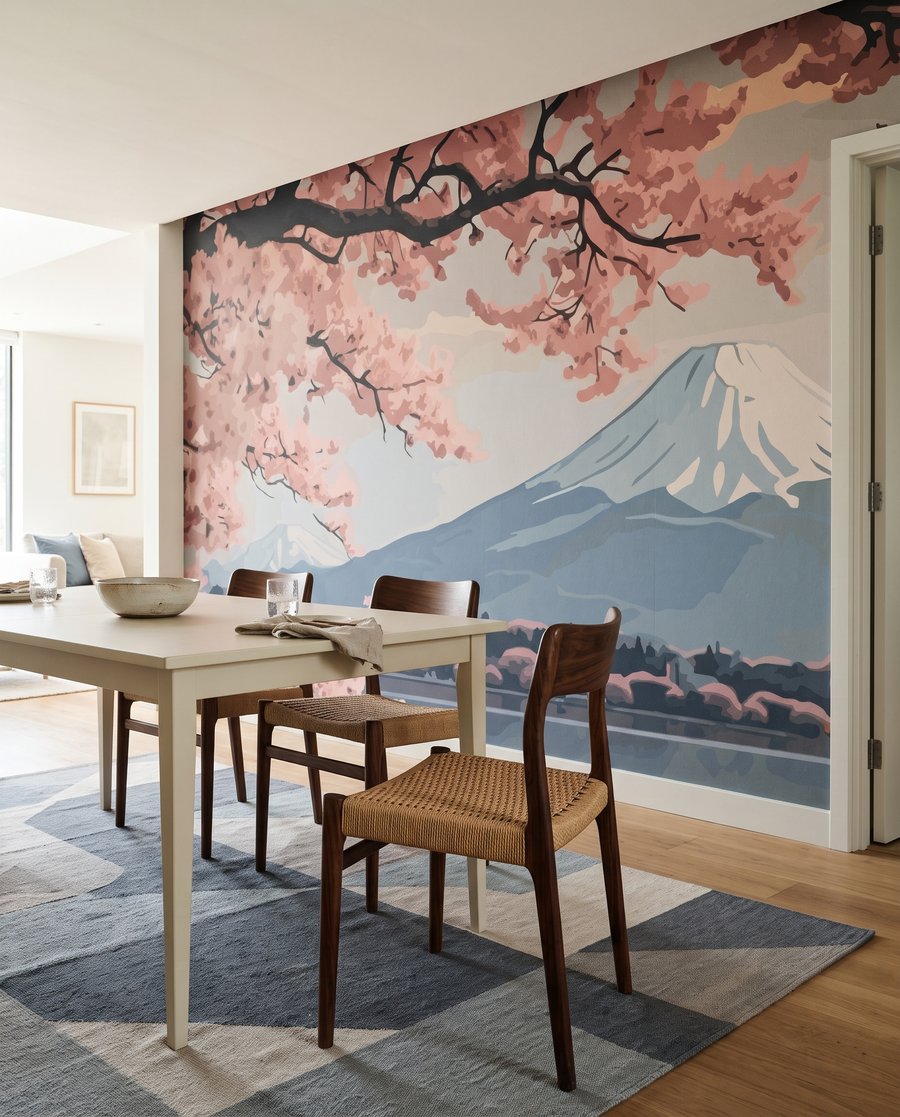Blütenzweige über dem Bergsee in einem Interieur