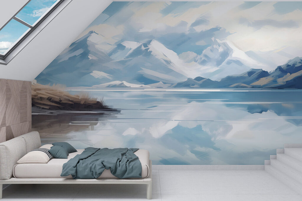 Gespiegelte Berge in Blau in einem Interieur