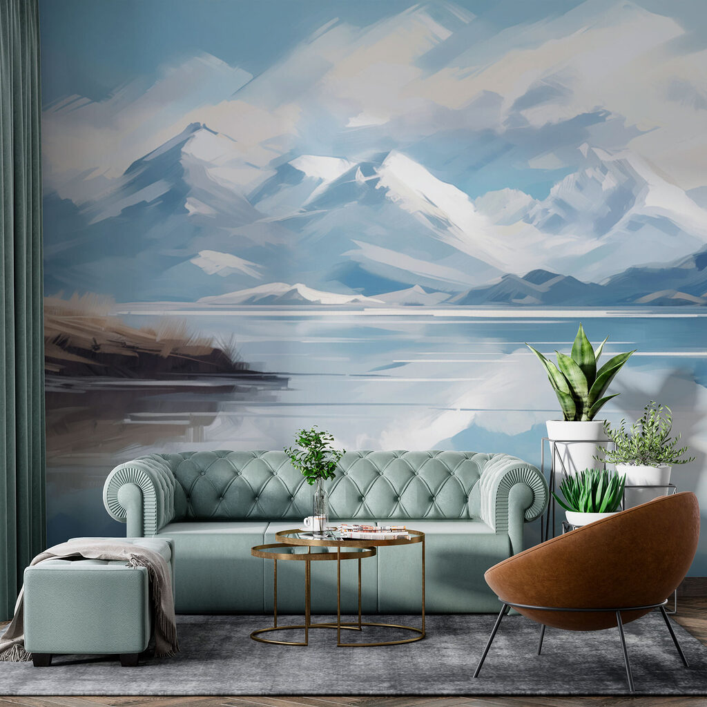 Gespiegelte Berge in Blau in einem Interieur