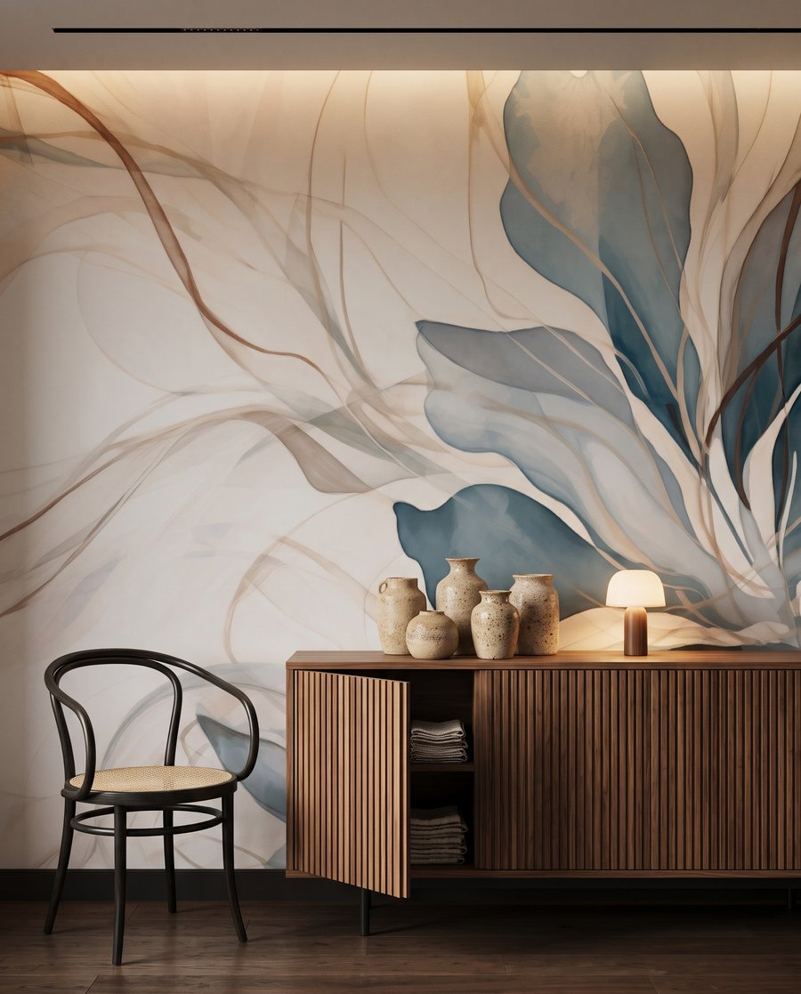 Blaue Blätter mit Adern in einem Interieur