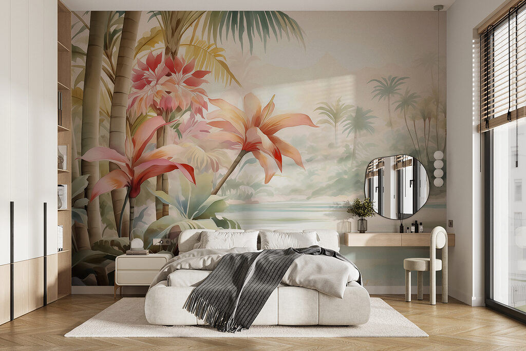 Rosa Blüten am Dschungelfluss in einem Interieur