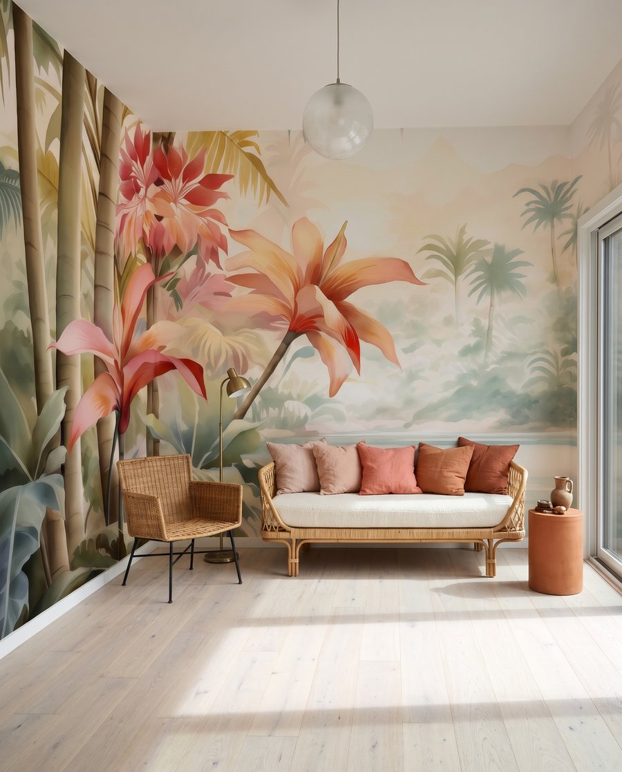 Rosa Blüten am Dschungelfluss in einem Interieur