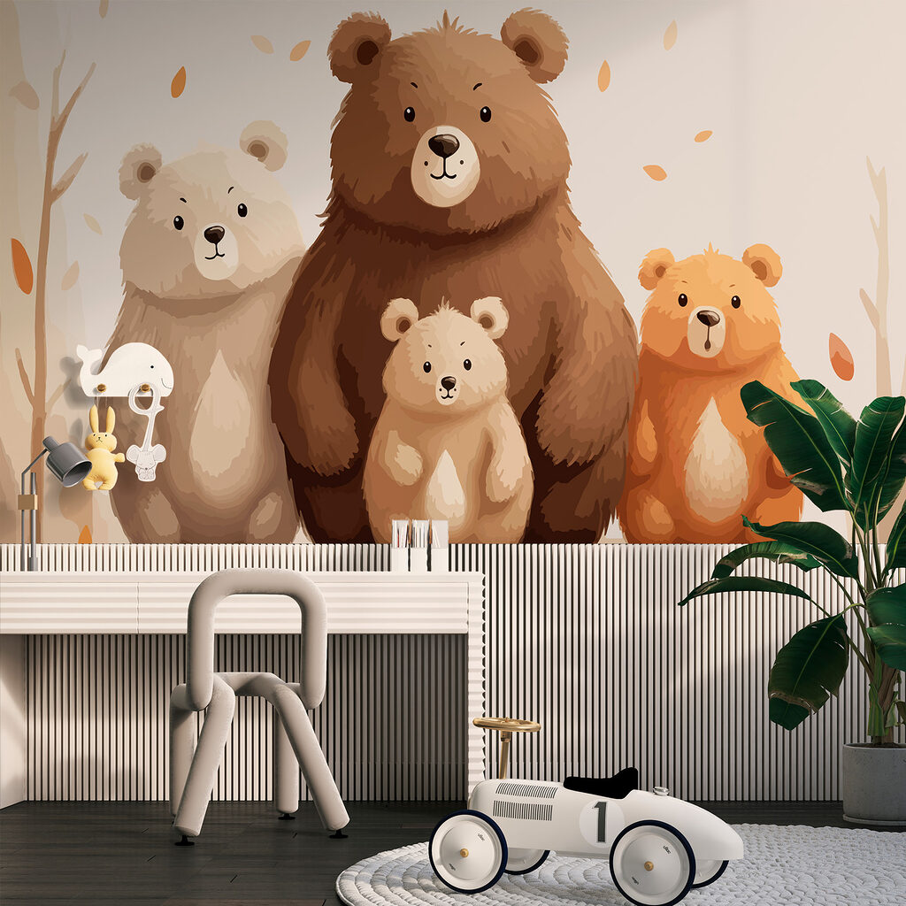 Vier Bären dicht beisammen in einem Interieur