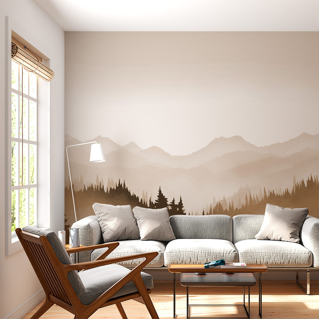 Nadelwald vor fernen Bergen in einem Interieur