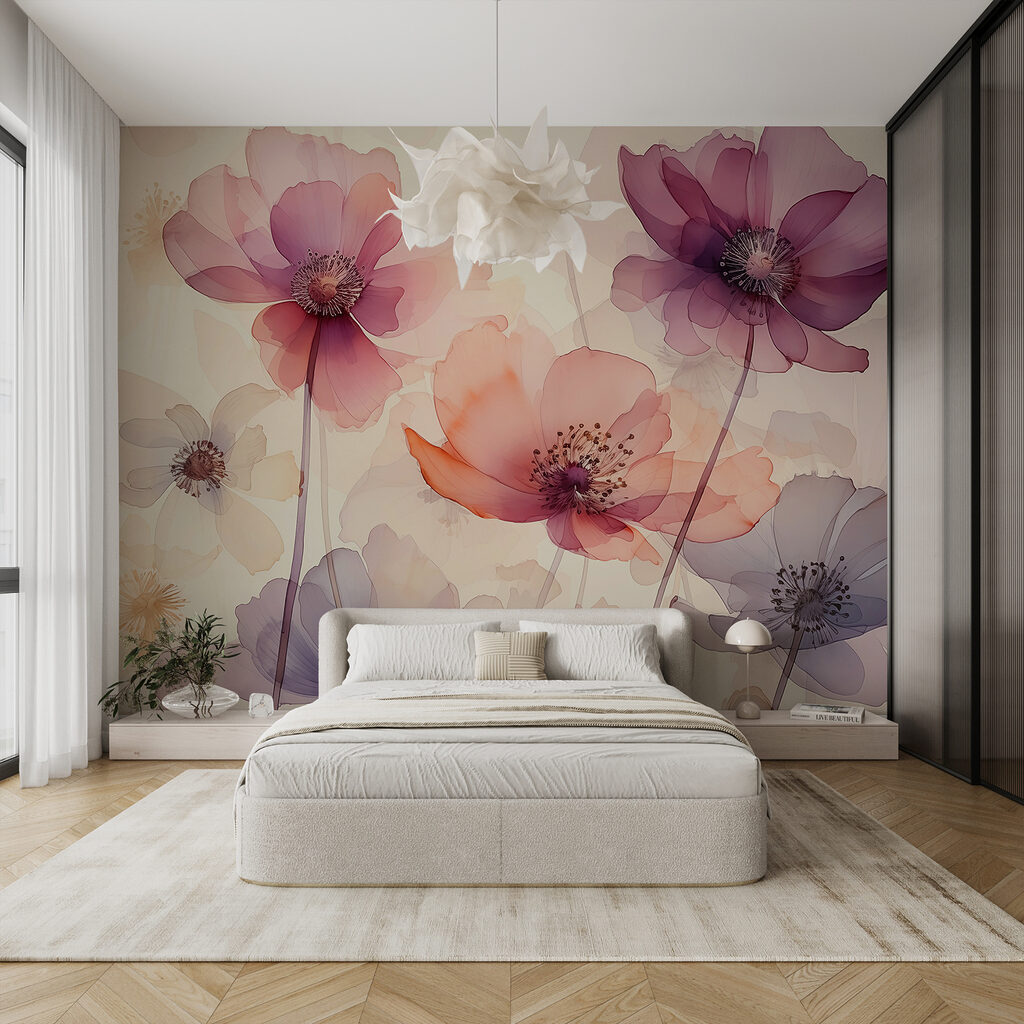 Blüten in Farbschleiern in einem Interieur