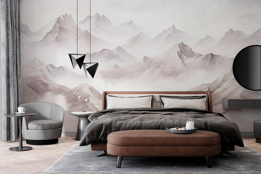 Bergspitzen in den Wolken in einem Interieur