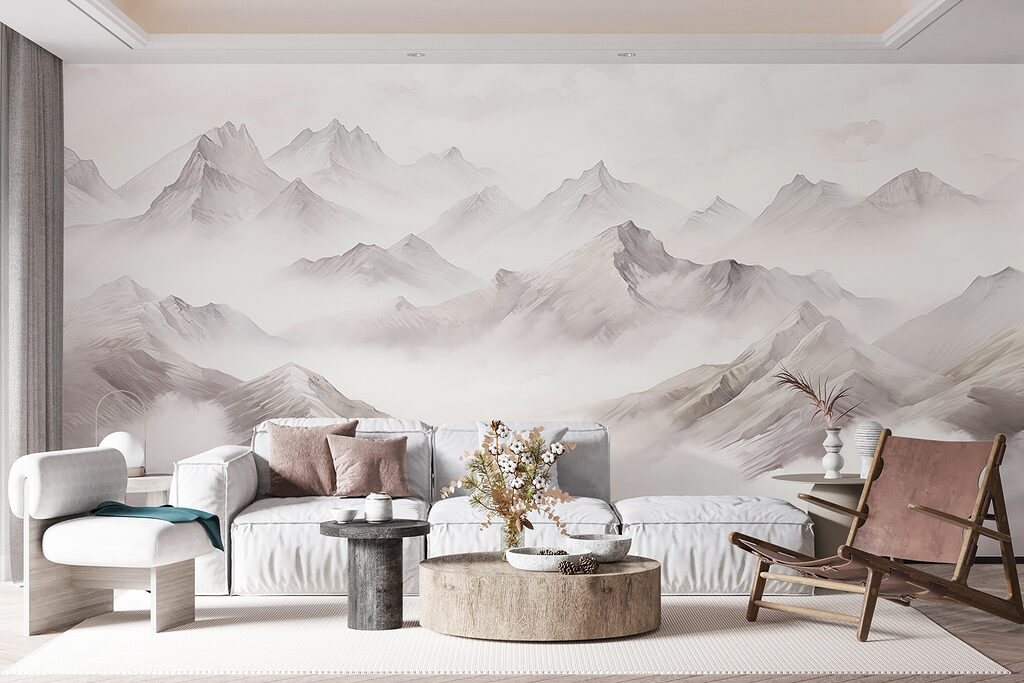Bergspitzen in den Wolken in einem Interieur