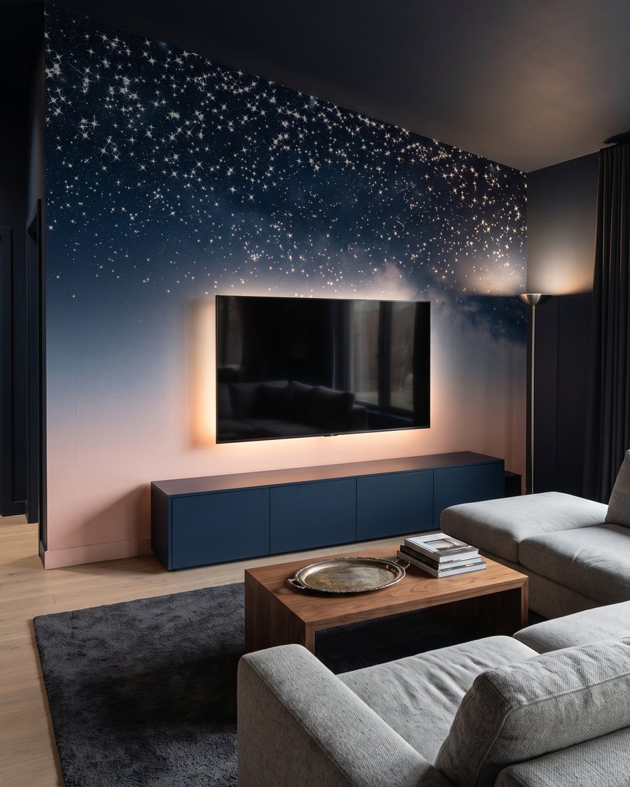Sternenregen über dem Horizont in einem Interieur