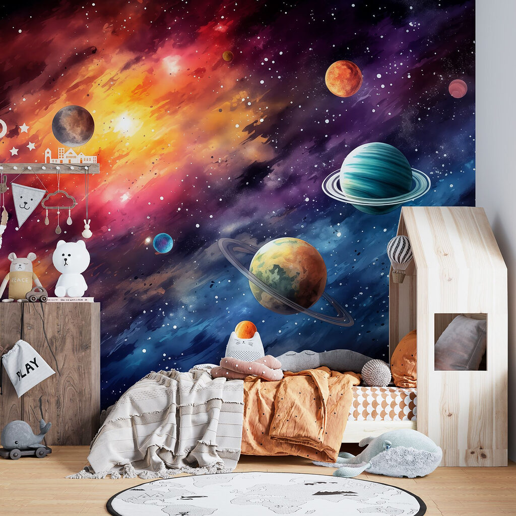 Planeten in einer Feuerwolke in einem Interieur