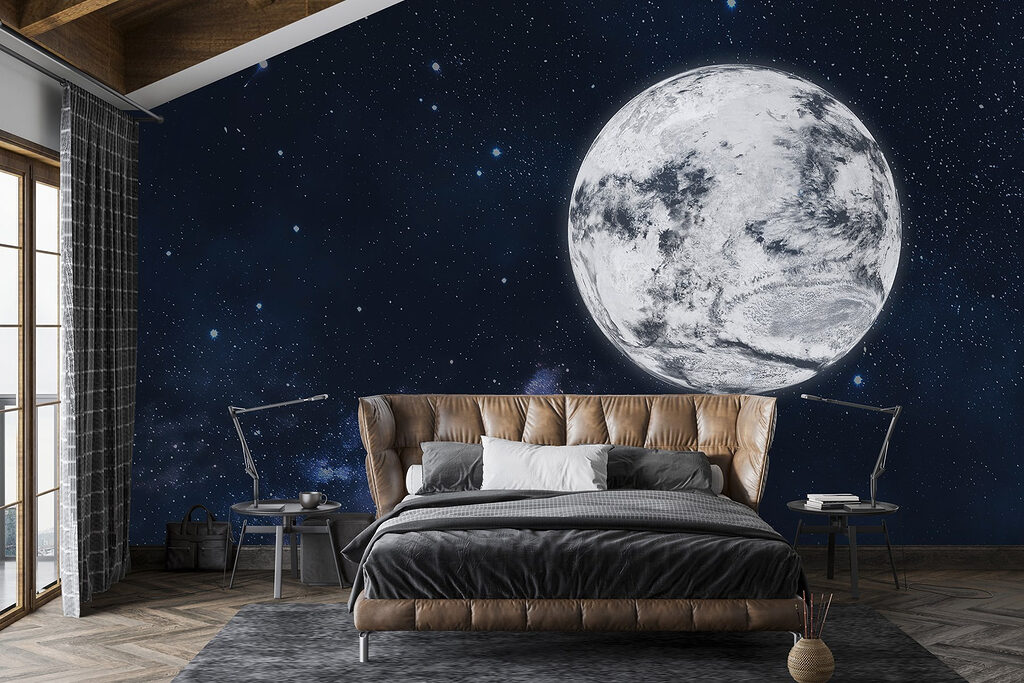 Mond in tiefer Sternennacht in einem Interieur