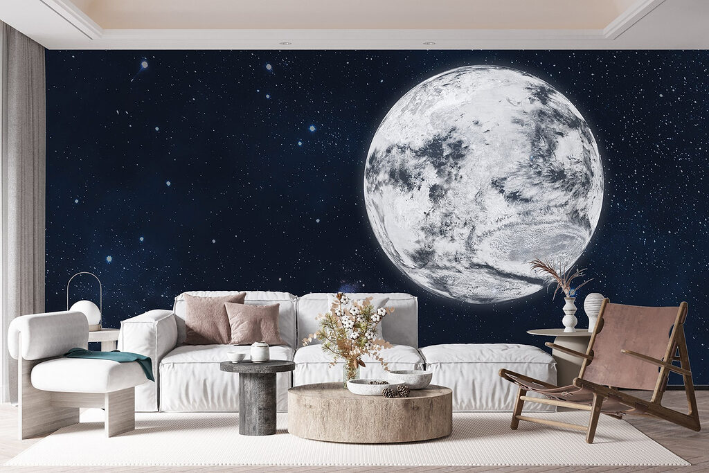 Mond in tiefer Sternennacht in einem Interieur