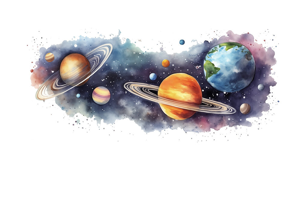 Planeten und Farbkleckse — ganzes Design