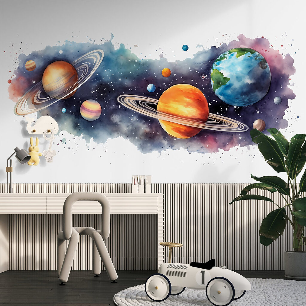 Planeten und Farbkleckse in einem Interieur