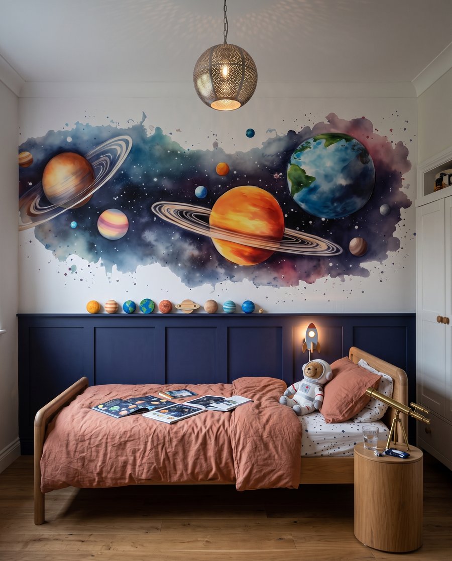 Planeten und Farbkleckse in einem Interieur