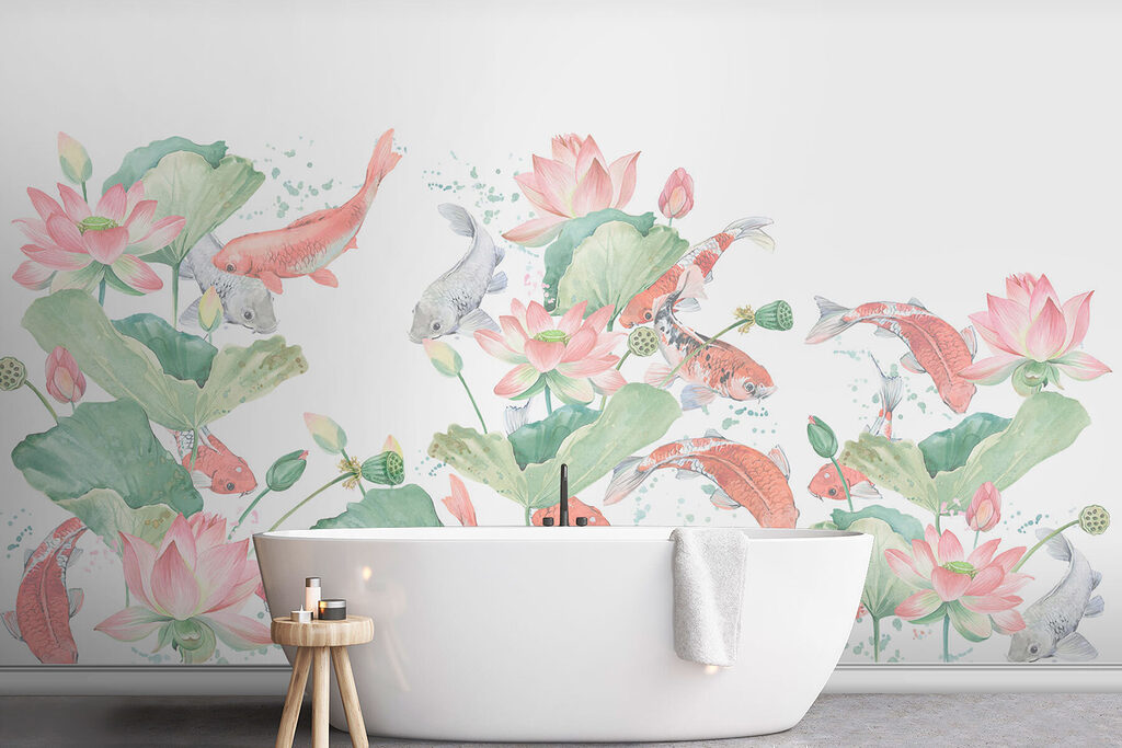 Fische zwischen Lotusblüten in einem Interieur