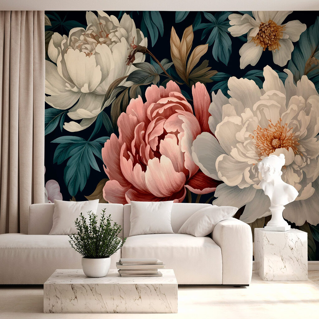 Volle Blüten vor Nachtblau in einem Interieur