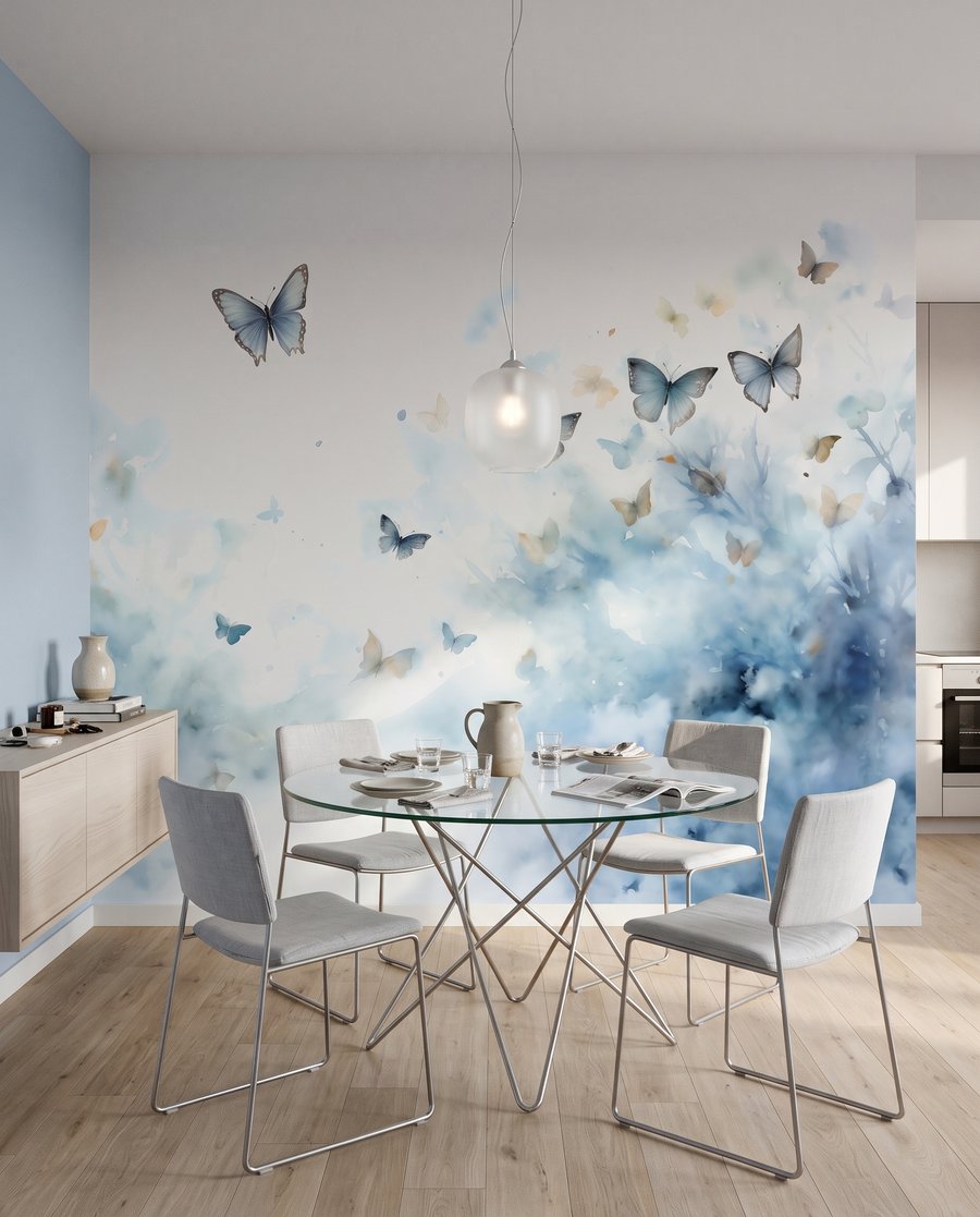 Schmetterlinge in blauen Wolken in einem Interieur