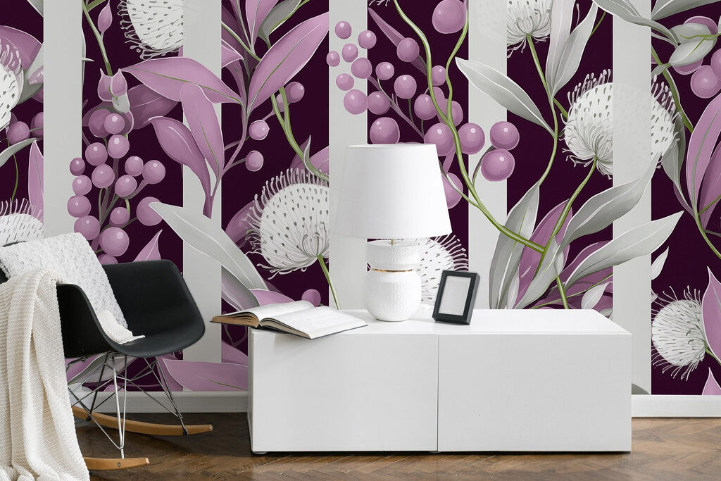 Blütendolden auf Streifengrund in einem Interieur