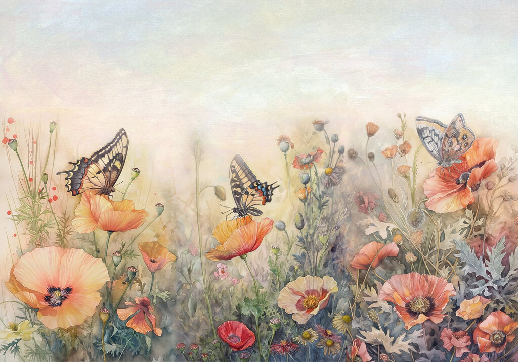 Falter über leuchtenden Blüten — ganzes Design