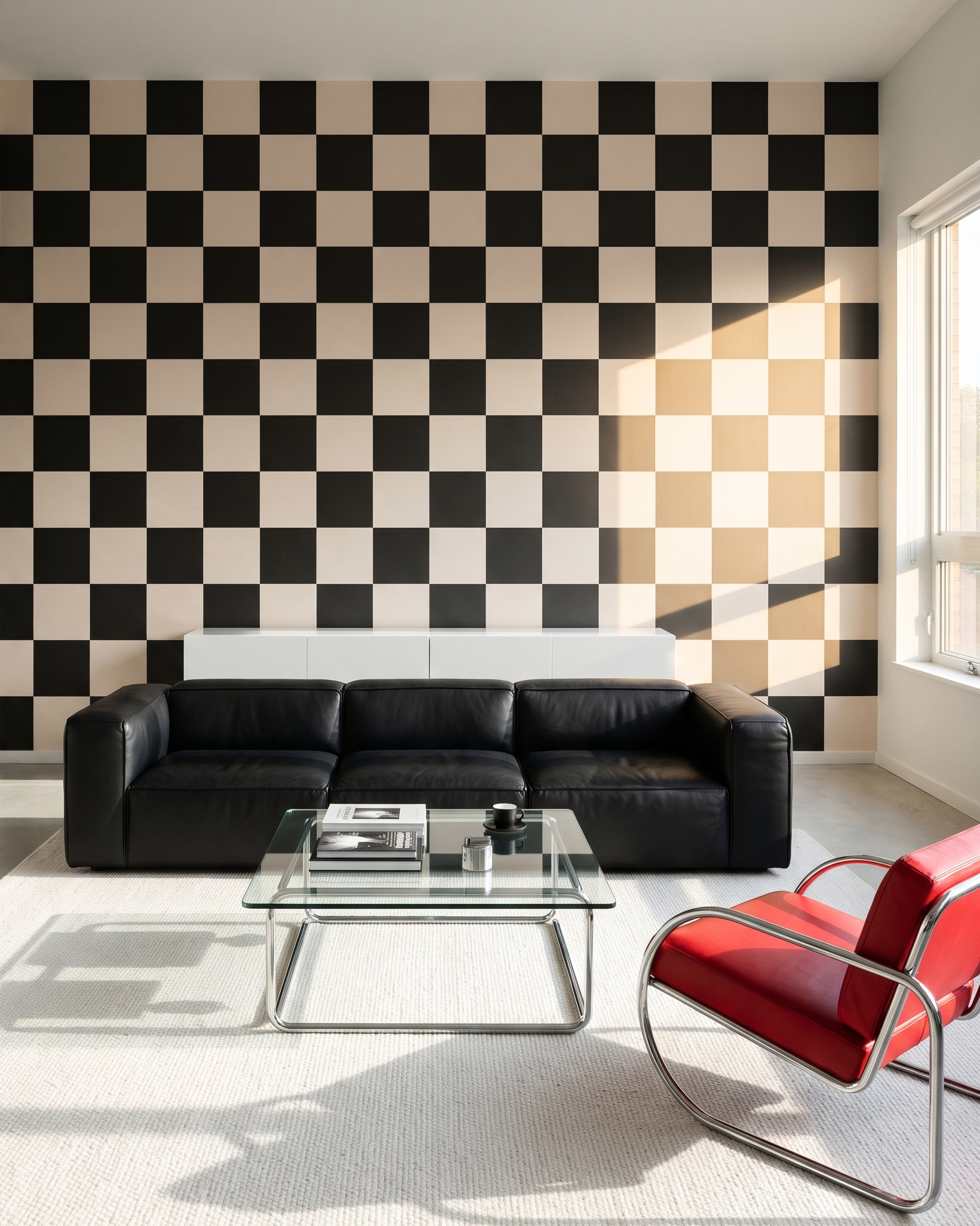Karos in Kontrastfarben in einem Interieur