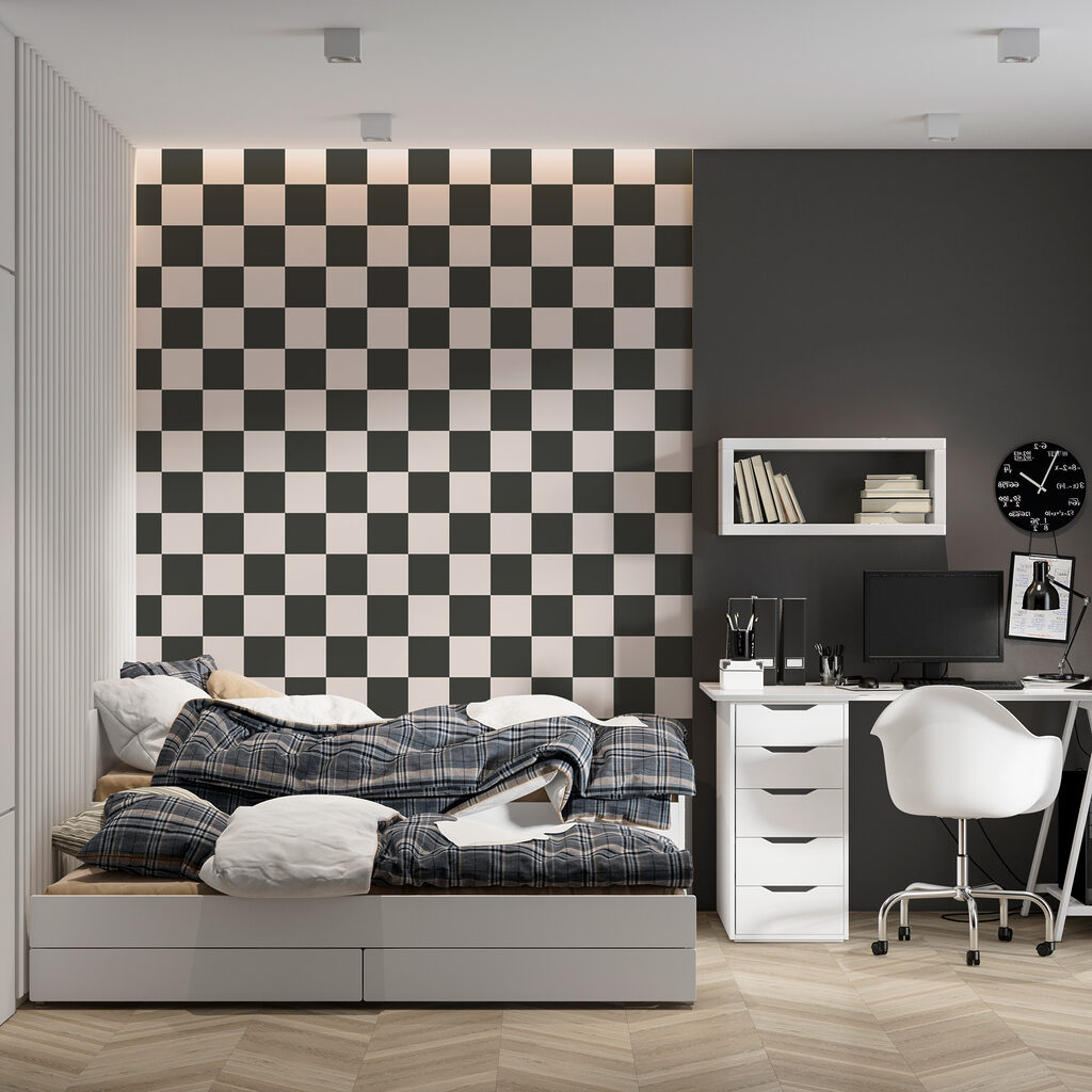 Karos in Kontrastfarben in einem Interieur