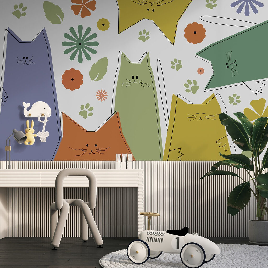 Katzen zwischen Blümchen in einem Interieur