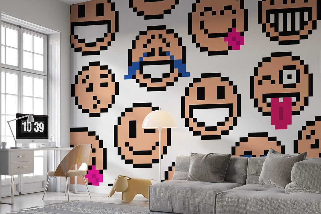 Fröhliche Pixelgesichter in einem Interieur