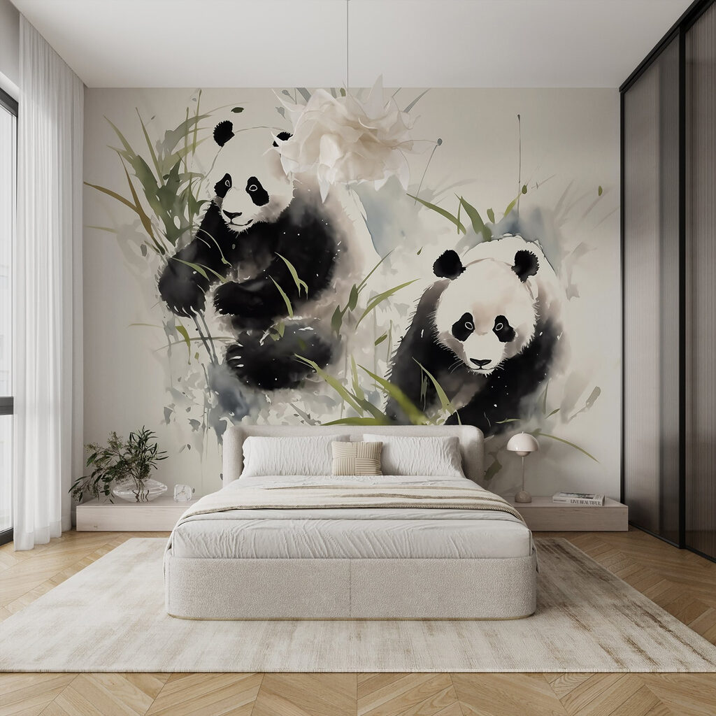 Zwei Pandas im Bambus in einem Interieur
