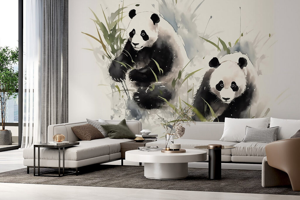 Zwei Pandas im Bambus in einem Interieur