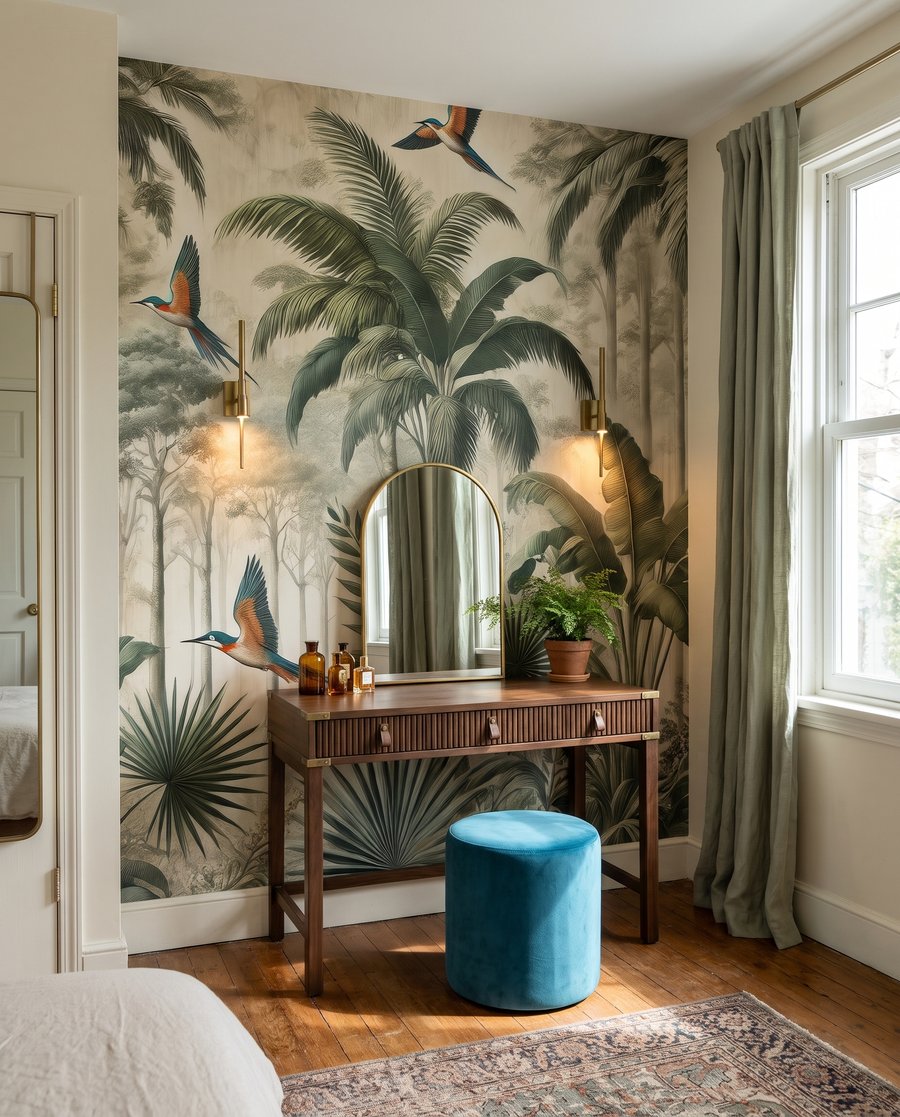 Vögel zwischen hohen Palmen in einem Interieur