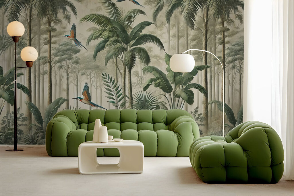Vögel zwischen hohen Palmen in einem Interieur