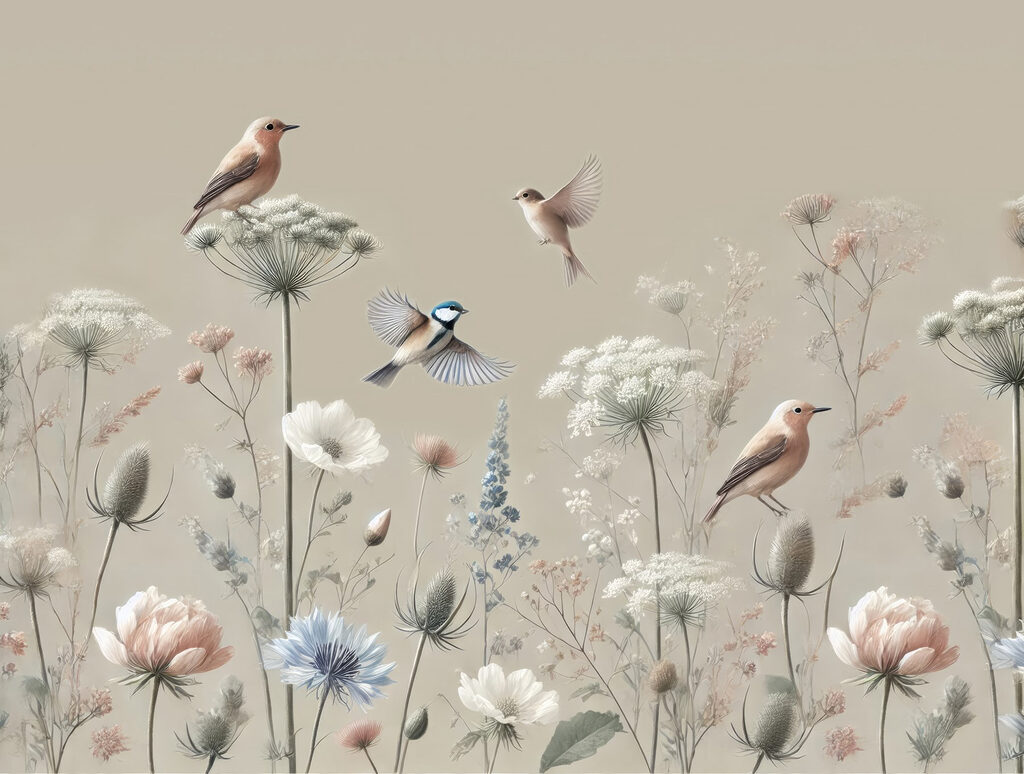 Vögel zwischen Blüten — ganzes Design
