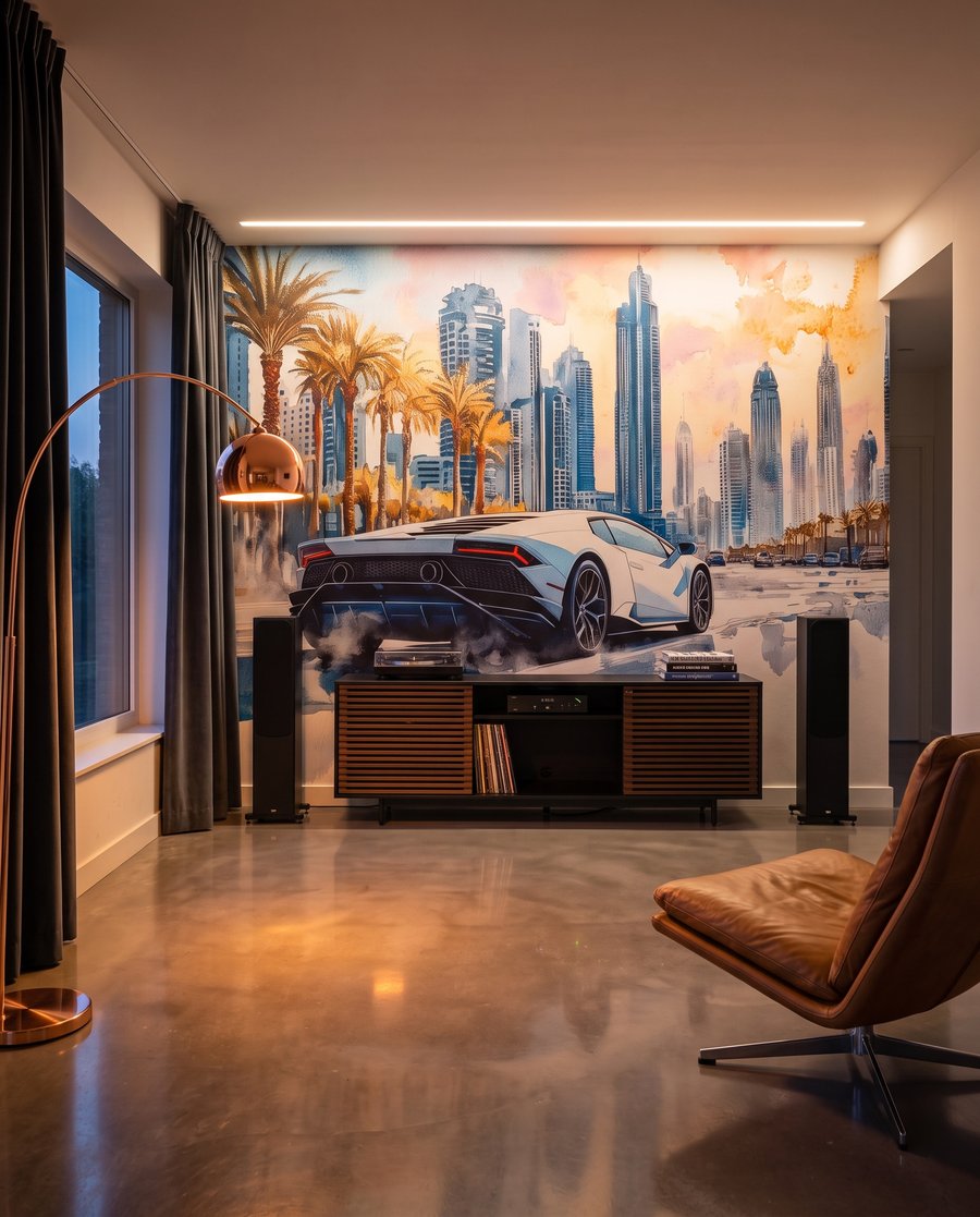 Weißer Sportwagen vor Hochhäusern in einem Interieur
