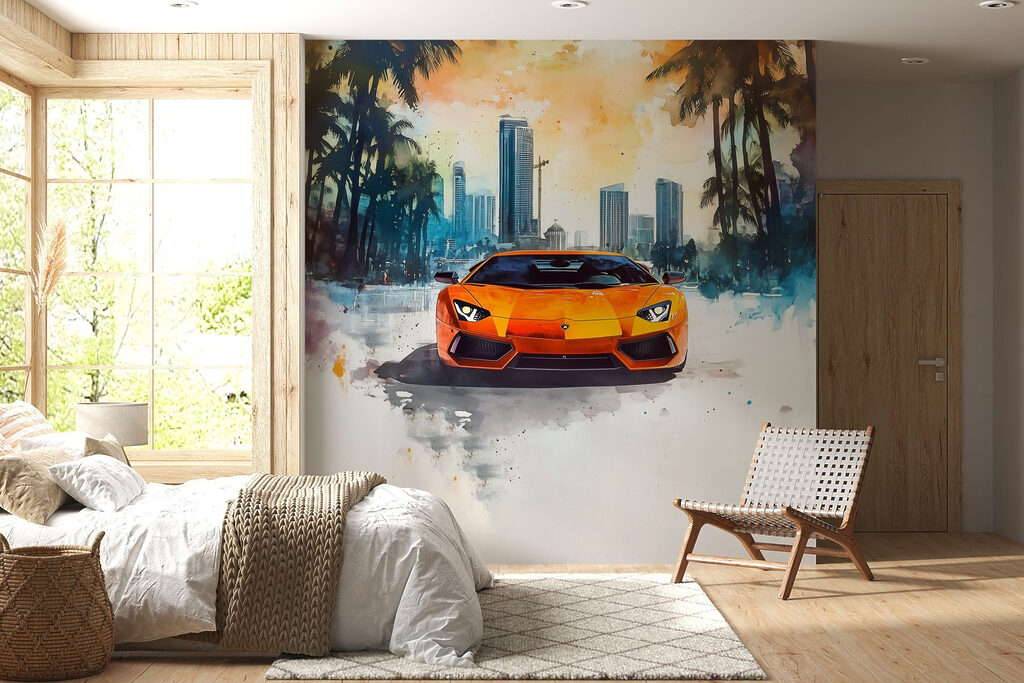 Orangefarbener Sportwagen unter Palmen in einem Interieur