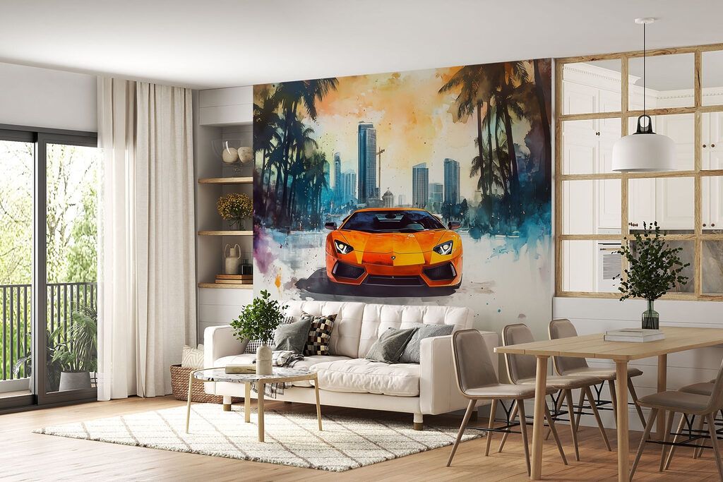 Orangefarbener Sportwagen unter Palmen in einem Interieur
