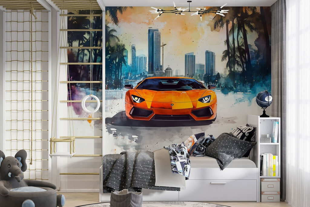 Orangefarbener Sportwagen unter Palmen — Interieur 3