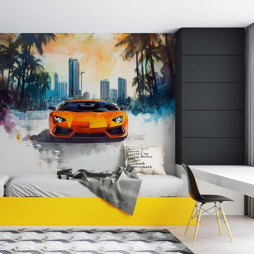 Orangefarbener Sportwagen unter Palmen — Interieur 4